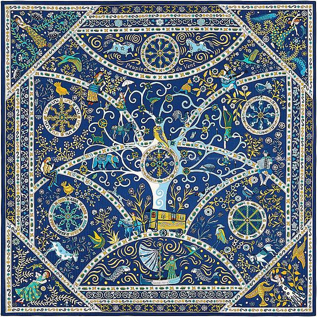HERMES エルメス バンダナ カレ55 "風の民 バンダナ" ブルーニュイ/オークル/ヴェール 新品
