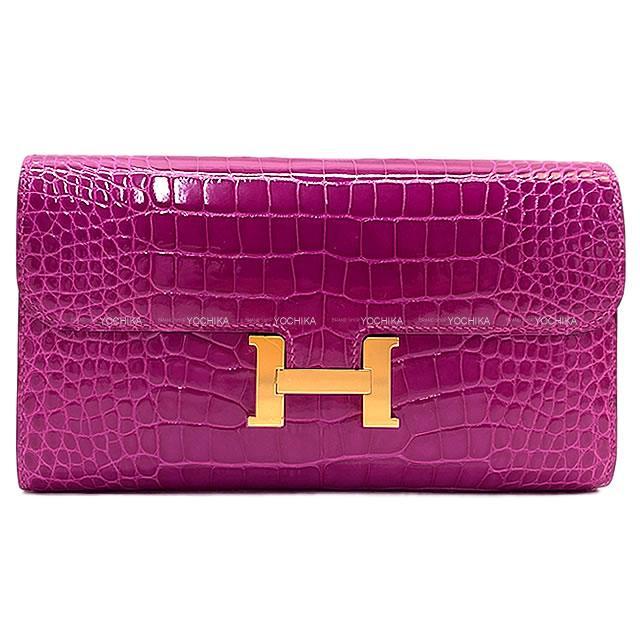 HERMES エルメス 長財布 コンスタンス ロング ローズシェラザード クロコダイル アリゲーターシャイニー ゴールド金具