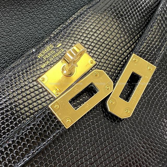 HERMES エルメス 三つ折 長財布 ケリーウォレット ロング ディプライアント 黒(ブラック) リザード ゴールド金具 新品