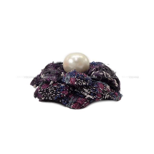 Chanel シャネル パール付き ミニ カメリア コサージュ ブローチ パープルxマルチカラー ラメツイード シルバー金具 14b 新品未使用