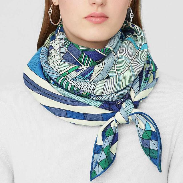エルメス スカーフ カレ140 パッチワークの馬 ターコイズxヴェールx白 カシミア70