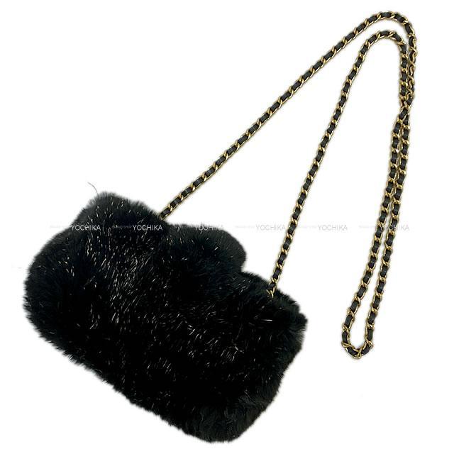 シャネル ココマーク ファー ミニ チェーンポーチ ショルダーバッグ 黒/ゴールド ラパン 展示新品