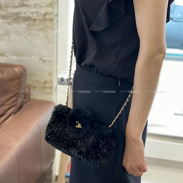 シャネル ココマーク ファー ミニ チェーンポーチ ショルダーバッグ 黒/ゴールド ラパン 展示新品
