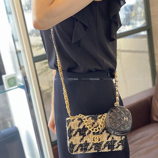 シャネル19 千鳥格子柄 ポーチ付 チェーンウォレット ショルダーバッグ ベージュ ツイード AP0985 展示新品