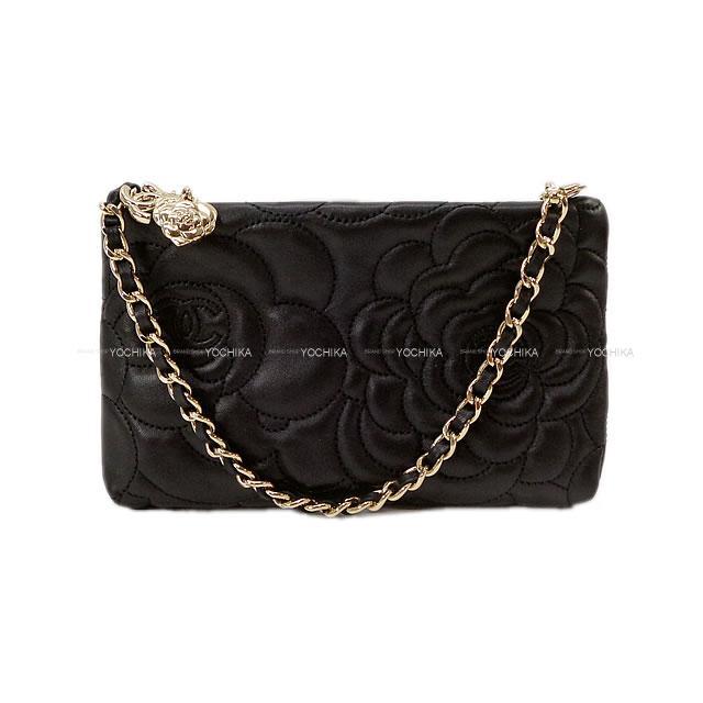 CHANEL シャネル ミニ チェーン ショルダーポーチ カメリア 黒(ブラック) ラムスキン シャンパンゴールド金具 展示新品