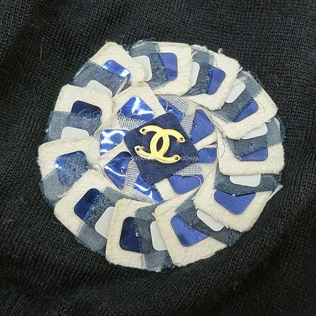 Chanel シャネル スパンコール ココマーク ワッペン付 ドルマンスリーブ カーディガン 黒 ブラック 44 P 12b 新品同様 中古
