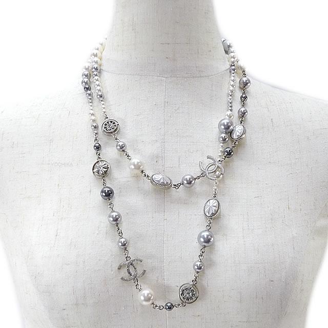 シャネル ラインストーン ココマーク バイカラー パール ロング ネックレス シルバー金具 A16S 新品未使用