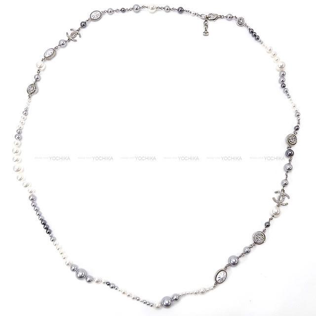 シャネル ラインストーン ココマーク バイカラー パール ロング ネックレス シルバー金具 A16S 新品未使用