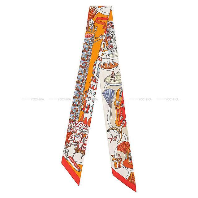 HERMES エルメス ツイリー スカーフ "万国博覧会" オレンジ/シエル/ブリック シルク100% 新品