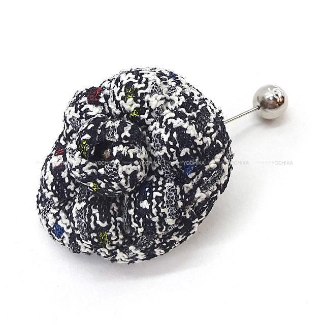 Chanel シャネル ツイード カメリア コサージュ ピンブローチ 黒 白 マルチカラー シルバー金具 15p 新品未使用