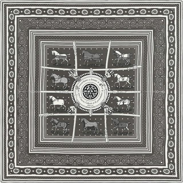 HERMES エルメス スカーフ カレ140 馬着 バンダナ グリトープX黒  