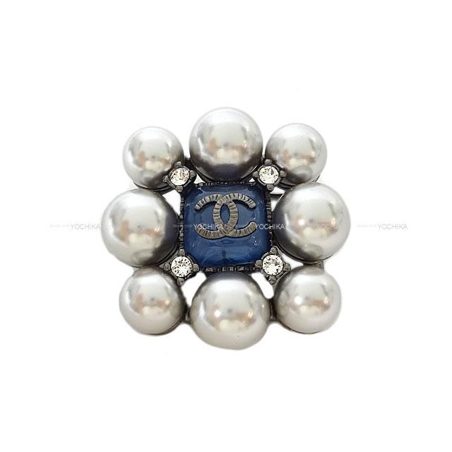 Chanel シャネル スクエア パール ココマーク ブローチ シルバーグレー ブルー メタルシルバー金具 A15s 新品未使用