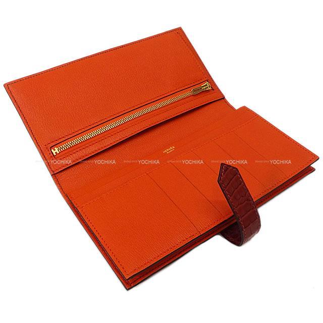 HERMES エルメス 財布 ベアンスフレ ヴェルソ ルージュアッシュ/オレンジポピー クロコダイル