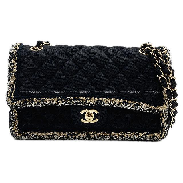 CHANEL シャネル マトラッセ25 ツイードフリル チェーン ショルダーバッグ 黒/白/ゴールド コットン/キャンバス