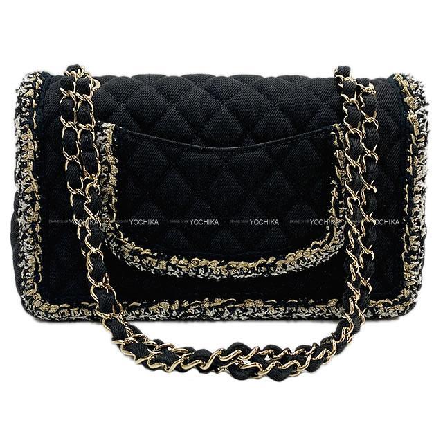 CHANEL シャネル マトラッセ25 ツイードフリル チェーン ショルダーバッグ 黒/白/ゴールド コットン/キャンバス