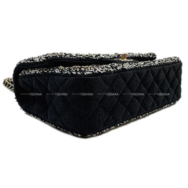 CHANEL シャネル マトラッセ25 ツイードフリル チェーン ショルダーバッグ 黒/白/ゴールド コットン/キャンバス