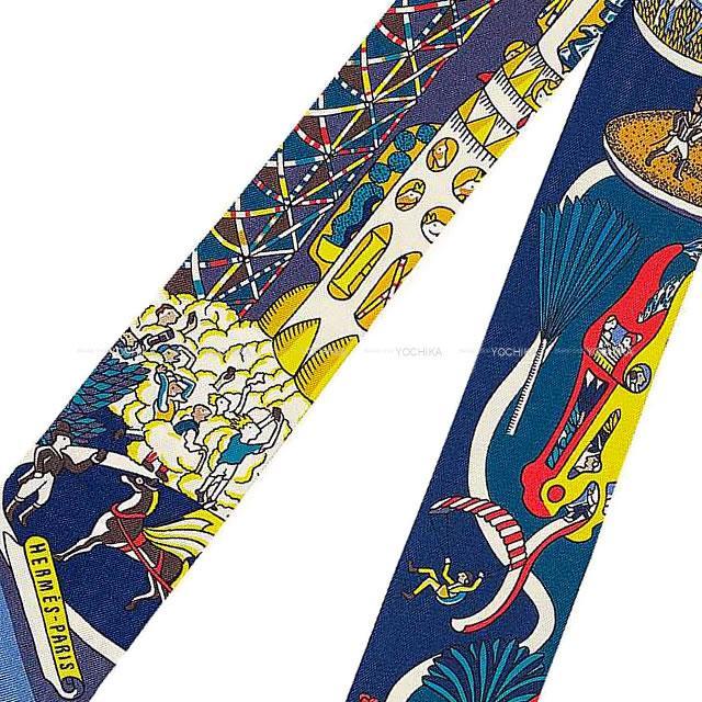 エルメス ツイリー スカーフ "万国博覧会" ブルーXジョーヌヴィフXルージュ シルク100% 新品
