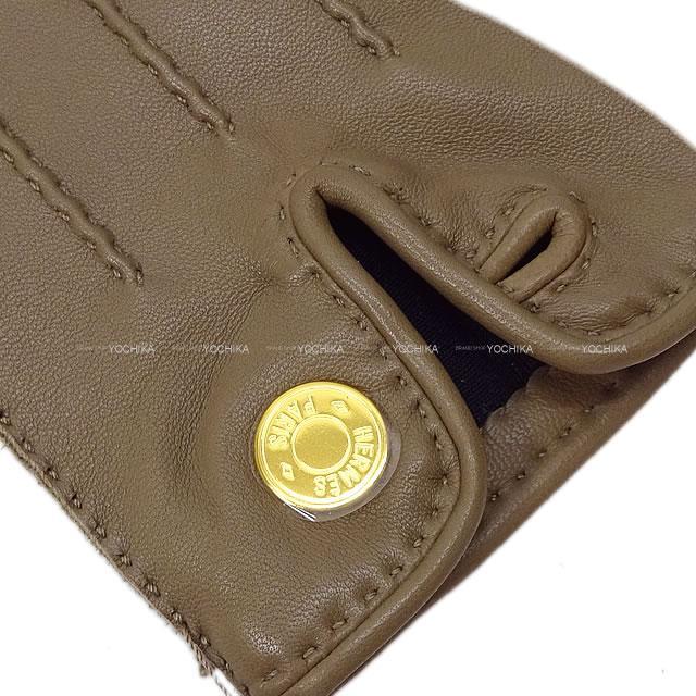 エルメス レディース 手袋 グローブ "ネルヴェール・ドロワット" #7.5 エトープ ラムスキン ゴールド金具 新品未使用