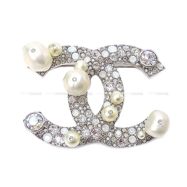 Chanel シャネル クリスタル ココマーク バロックパール ラインストーン ブローチ シルバー ミルキーホワイト シルバー金具 6841 新品未使用