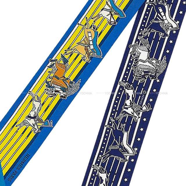 HERMES エルメス ツイリー スカーフ "パウニー族の首長" ブルーロイヤル/ジョーヌ/ブルーマリン シルク100% 新品
