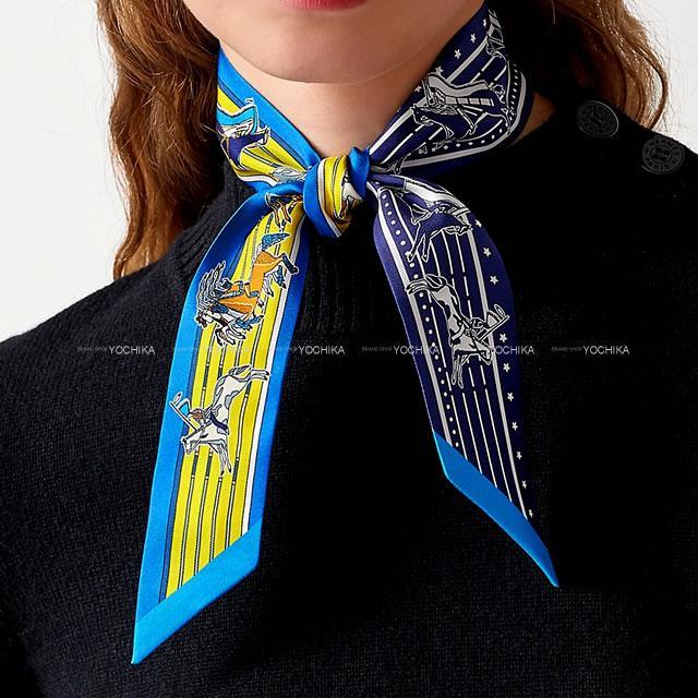 HERMES エルメス ツイリー スカーフ "パウニー族の首長" ブルーロイヤル/ジョーヌ/ブルーマリン シルク100% 新品