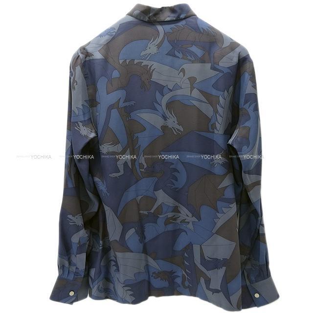 2019年限定 エルメス メンズ 総柄 ドレス シャツ "ドラゴン" #43 ネイビー シルク100% シルバー金具 新品未使用