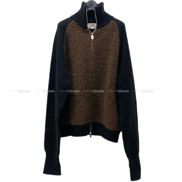 Hermes エルメス メンズ タートル ニット ミックステディ ジップ カーディガン ブラウン 黒 アルパカ カシミア ウール ナイロン L シルバー金具 新品同様 中古
