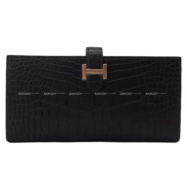 HERMES エルメス 財布 ベアン クラシック 黒(ブラック) クロコダイルアリゲーターマット ローズゴールド金具 新品
