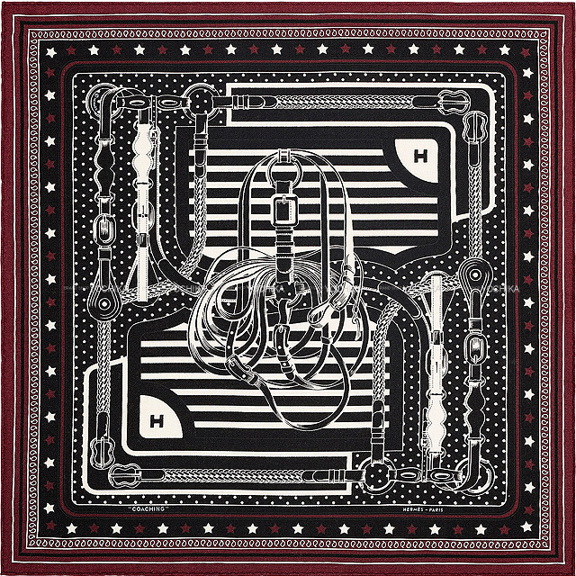 HERMES エルメス バンダナ カレ55 "ディスコ コーチング" 黒(ブラック)XクエッチX白(ホワイト) カシミヤXシルク 新品未使用