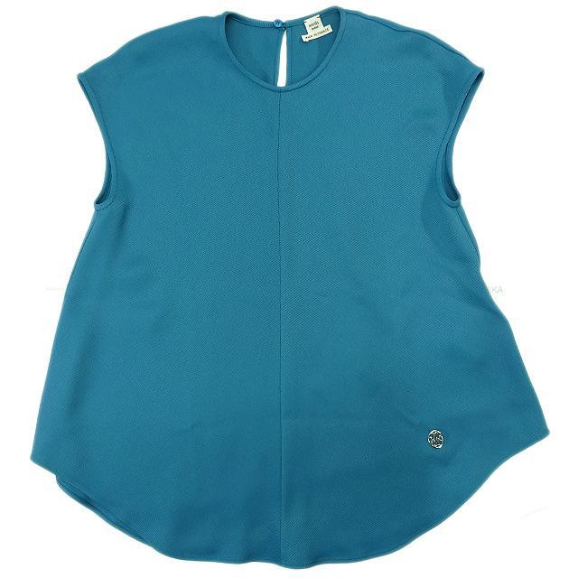 HERMES エルメス レディース ブラウス 半袖 LIFTモチーフ付 #34 ターコイズ レーヨン/シルク 新品未使用
