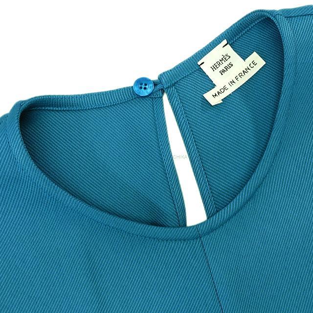HERMES エルメス レディース ブラウス 半袖 LIFTモチーフ付 #34 ターコイズ レーヨン/シルク 新品未使用