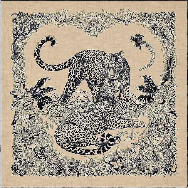 HERMES エルメス ショール カレ140 "ジャングル・ラブ" ナチュラルXブルーノワール