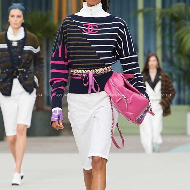 Chanel 年 クルーズ シャネル ココマーク ボーダー切り替え ニットセーター ネイビー ピンク カーキ 白 カシミヤ100 36 P625 新品同様 中古