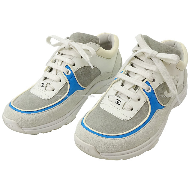 18年 スプリングコレクション Chanel シャネル スニーカー ココマーク ロゴ 白 ホワイト グレー ブルー スウェード ファブリック 36 G 新品同様 中古