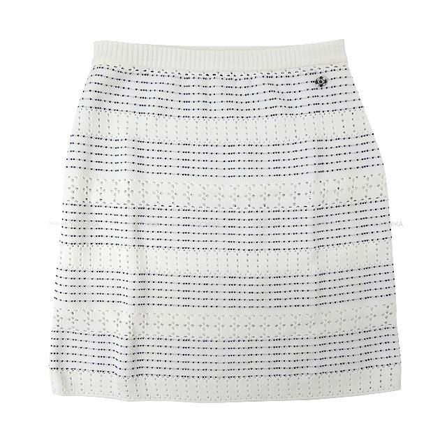 Chanel 17年 春夏 シャネル サマーニット スカート 白 ネイビー コットン100 シルバー金具 38 P 新品同様 中古