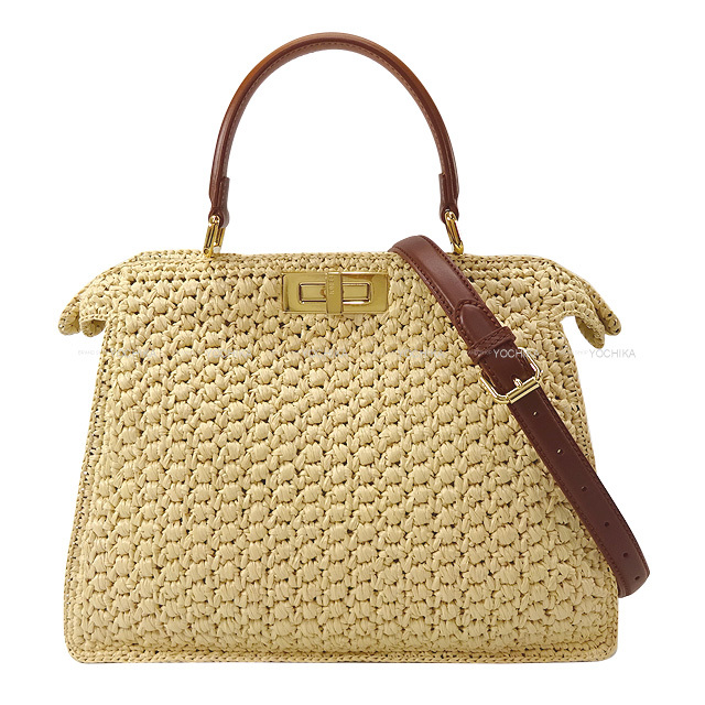 21年春夏新作 Fendi フェンディ ショルダーバッグ ピーカブー アイシーユー ミディアム ストローバッグ ベージュ ブラウン ラフィア カーフレザー ゴールド金具 8bn321 新品
