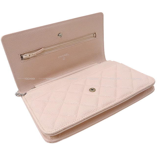 Chanel シャネル チェーンウォレット Woc ココマーク マトラッセ ピンクベージュ グレインドカーフ キャビアスキン シルバー金具 A 新品同様 中古