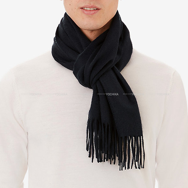 HERMES エルメス マフラー ロゴマフラー ユニ ブロデ ニューマリン  