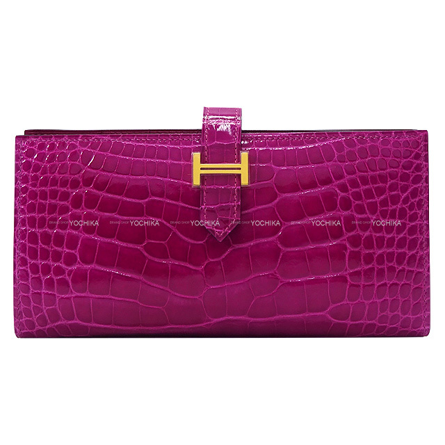 HERMES エルメス 長財布 ベアンスフレ ローズパープル クロコダイル  