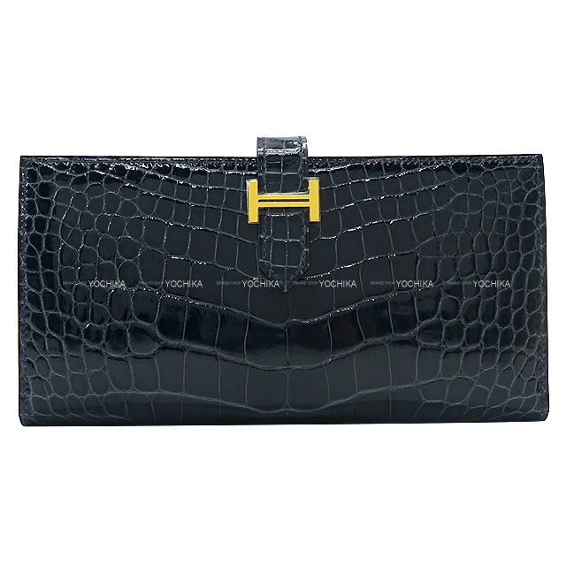 【超極美品】エルメス アリゲーター ベアン スフレ 二つ折り長財布 ゴールド金具 超極美品】エルメス アリゲーター ベアンスフレ 二つ折り長財布