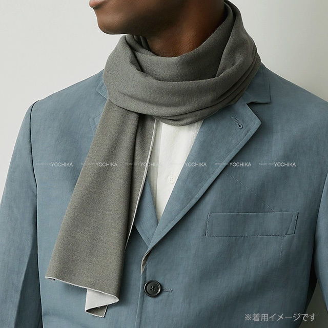 新品エルメスグレー マフラーカシミア100%フリンジ付きリバーシブル 