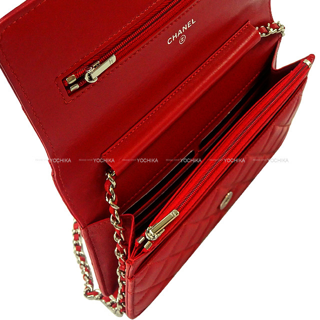CHANEL シャネル 長財布 マトラッセ ココマーク チェーンウォレット ルージュレッド ラムスキン シルバー金具 AP0250 新品同様【中古】