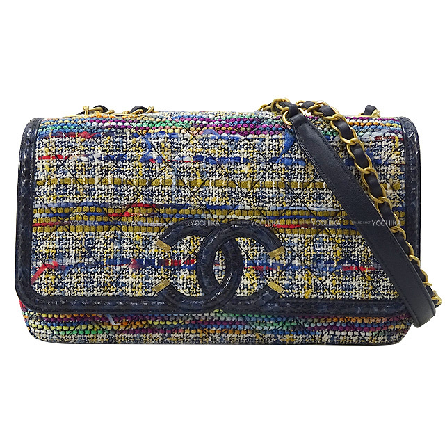 CHANEL シャネル ショルダーバッグ フィリグリー ビッグココマーククラップ チェーンショルダーバッグ マルチカラー ツイード/パイソンレザー マットゴールド金具 新品同様【中古】