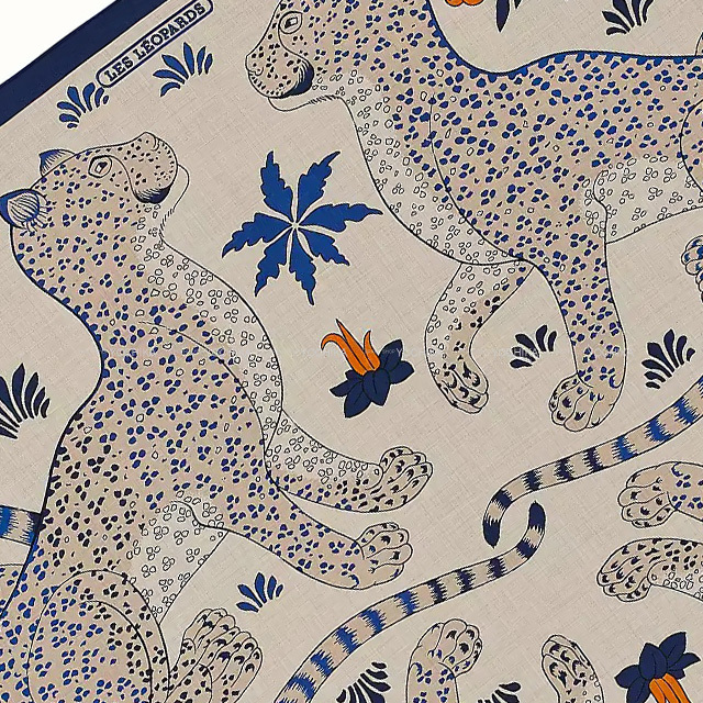 HERMES エルメス スカーフ カレ140 レオパード ナチュラル/ブルー
