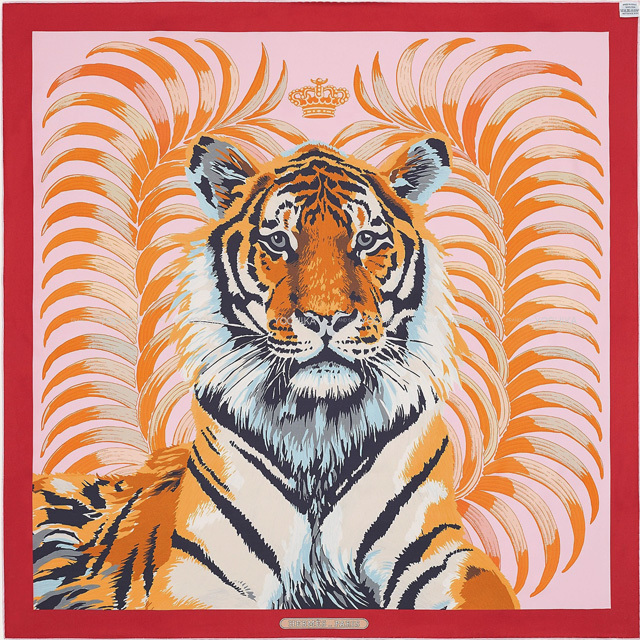 HERMES エルメス スカーフ カレ90 ダブルフェイス 王者の虎 ローズ  