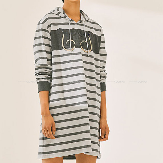 21年 春夏 Hermes エルメス ワンピース 帝王学 ボーダー フード付き 長袖 スウェット 38 グリスカーボン コットン100 新品未使用