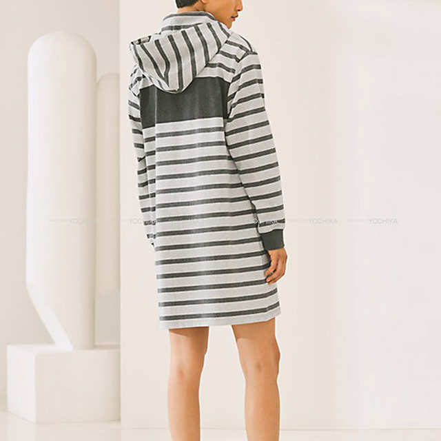 21年 春夏 Hermes エルメス ワンピース 帝王学 ボーダー フード付き 長袖 スウェット 38 グリスカーボン コットン100 新品未使用