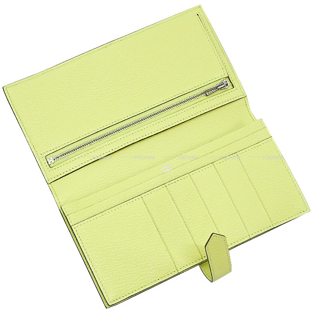 美品☆　エルメス　ベアンスフレ　長財布　シェーブル　ライム　□Q刻印 エルメス ベアンスフレ 長財布 ライム シルバー金具 シェーブル