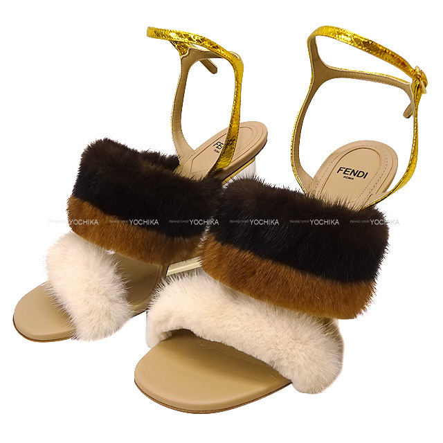 2022年 春夏 FENDI フェンディ サンダル ファースト ミンクファー ハイヒール #38 8X8275 ブラウン / アイボリー / ゴールド ミンク / アイヤーズレザー #38 新品