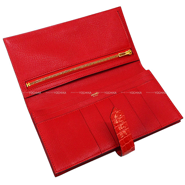 HERMES エルメス 長財布 ベアンスフレ ルージュドゥクー クロコダイル